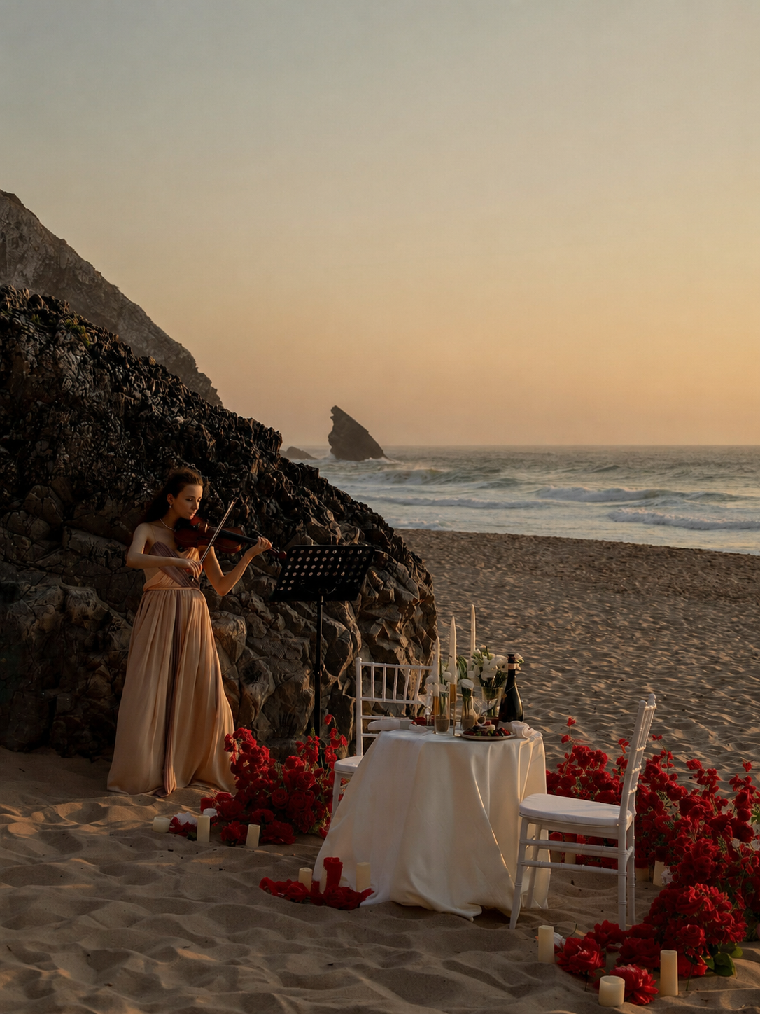 Woman enjoying a luxury beach picnic with sparkling wine at sunset in Cabo San Lucas
